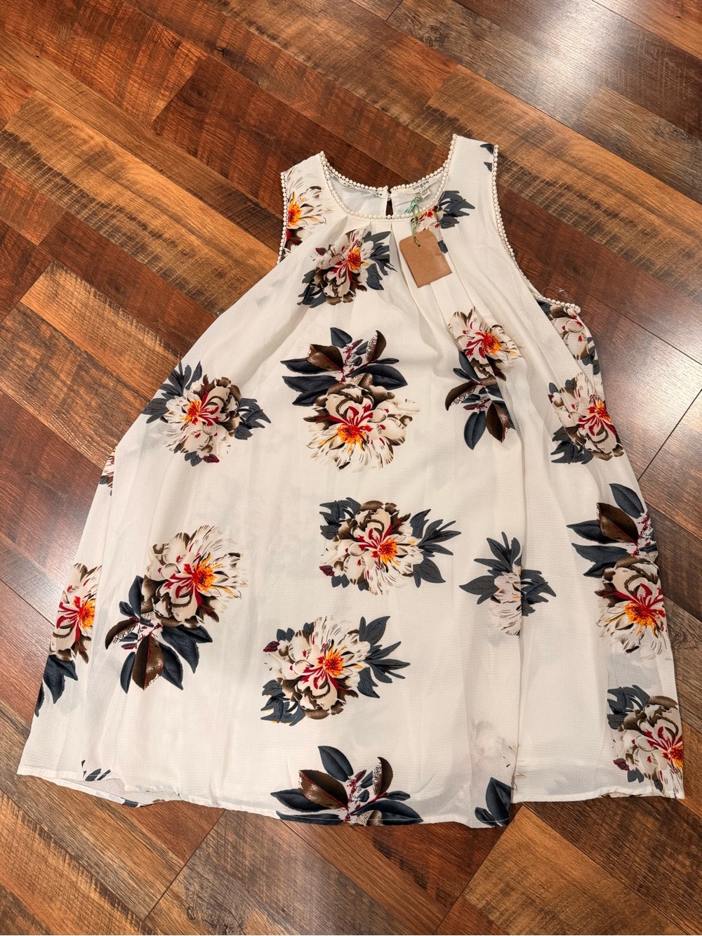Umgee White Floral Midi Dress with Navy and Brown Accents
